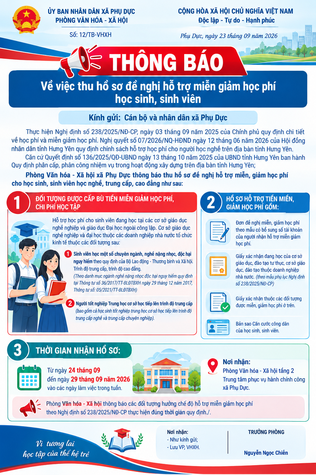 THÔNG BÁO VỀ VIỆC: THU HỒ SƠ ĐỀ NGHỊ HỖ TRỢ MIỄN GIẢM HỌC PHÍ HỌC SINH, SINH VIÊN.