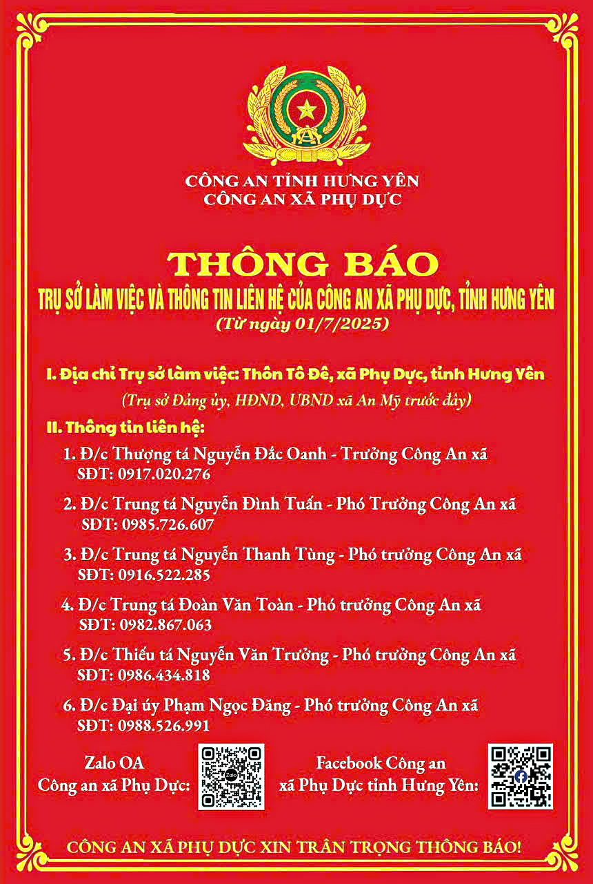 THÔNG BÁO TRỤ SỞ LÀM VIỆC VÀ THÔNG TIN LIÊN HỆ CỦA  CÔNG AN XÃ PHỤ DỰC, TỈNH HƯNG YÊN.